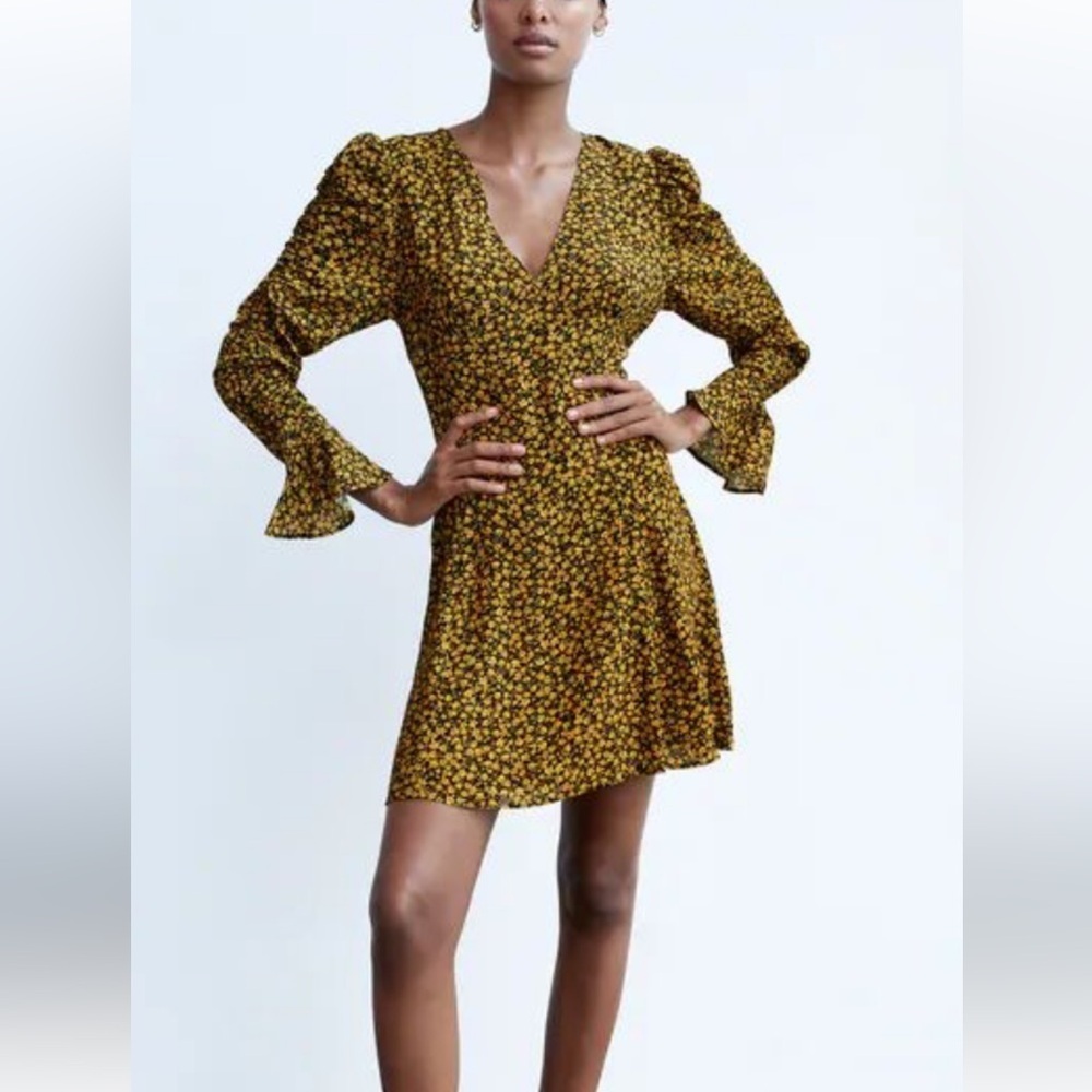 Fall for Zara Mustard Yellow and Black Floral Long Sleeve Mini Dress